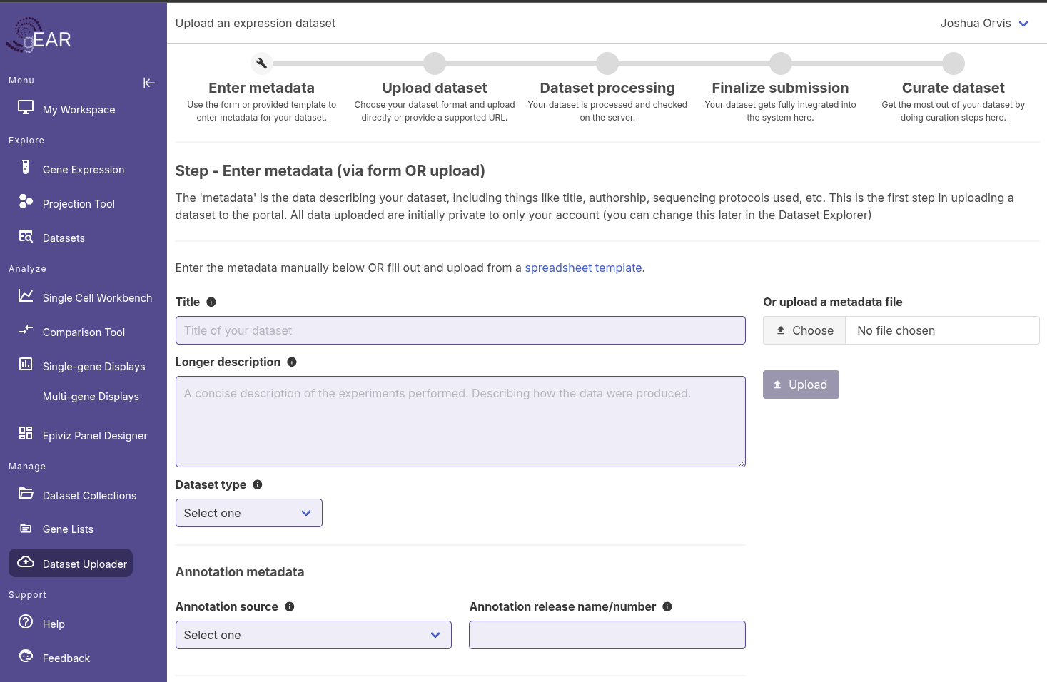 Dataset Uploader screenshot
